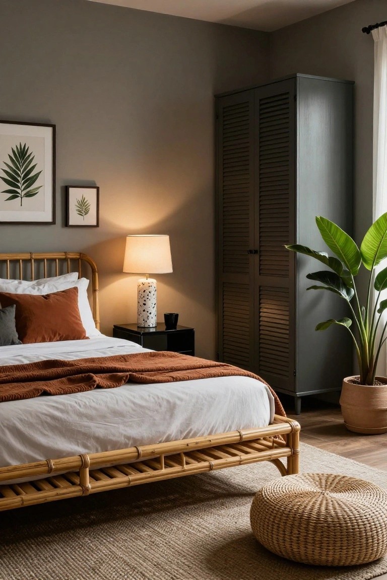 Bedroom interior with a rattan bamboo bed frame, white bedding, rust orange throw, gray louvered wardrobe, tall banana plant in terracotta pot, bedside table with lamp, and woven pouf on seagrass rug.