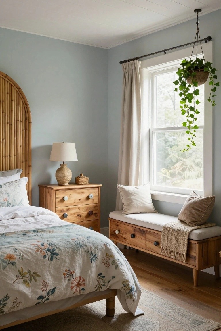Bedroom with queen bed featuring tall arched bamboo headboard, wooden nightstand with lamp, dresser drawers, window bench with pillows and throw, hanging ivy plant, pale blue walls, white curtains, hardwood floor, and woven rug.