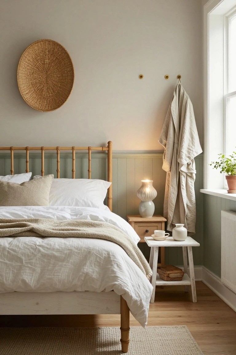 Bedroom corner with white bed on wooden legs, bamboo headboard against sage green paneled wall, wooden nightstand holding lamp, teacup, vase, plant on windowsill, beige towel draped on hooks.