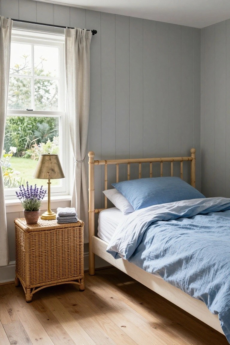 Bedroom corner showing a single bed with light bamboo frame and blue linen bedding, wicker nightstand with gold lamp and potted lavender, light gray shiplap walls, wooden floor, and window with white curtains overlooking a garden.