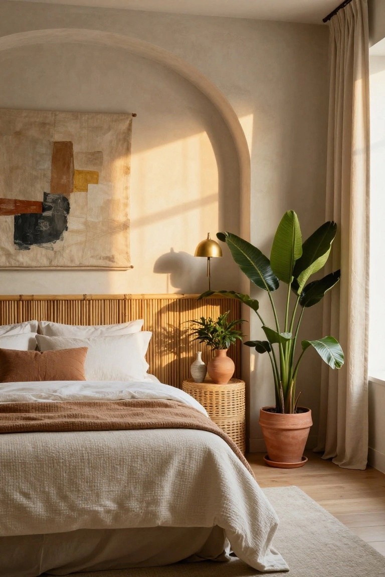 Bedroom with bamboo panel headboard, white and beige bedding, woven side table with terracotta pots and plants, large potted palm tree, gold lamp, abstract beige tapestry on wall, arched plaster niche, linen curtains, and hardwood floor in soft sunlight.