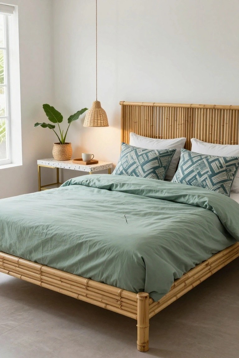 Low platform bed frame made of bamboo poles with teal duvet cover and patterned pillows, next to terrazzo nightstand holding a potted plant and coffee cup, rattan pendant light overhead, in a white-walled bedroom with window blinds.