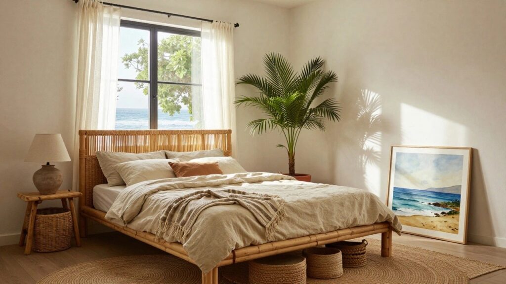 Bedroom with woven bamboo bed frame and headboard, white linen bedding and beige throw, bedside table with lamp, tall palm plant in terracotta pot, sheer curtains on window showing ocean view, and beach painting on wall.