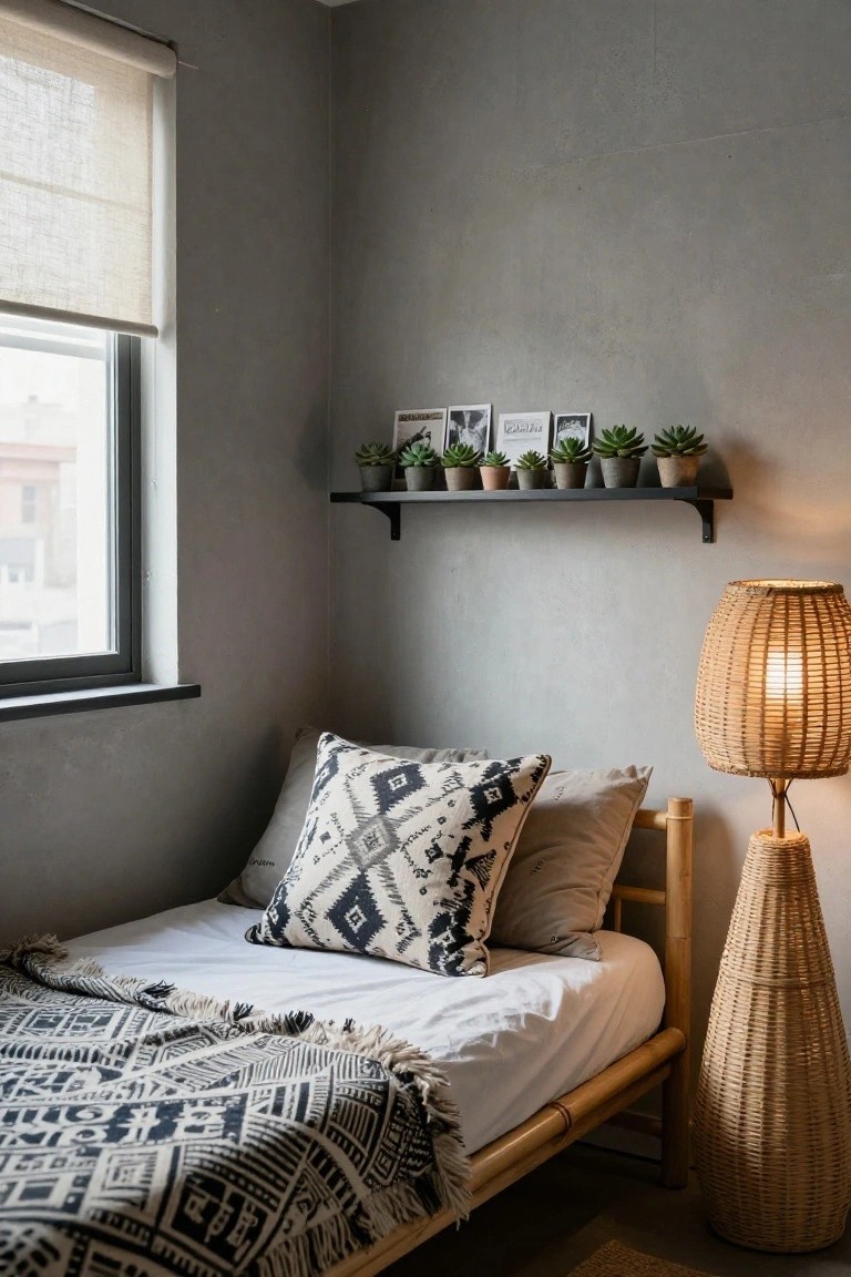 Corner view of a small bedroom with low-profile bamboo bed frame covered by white sheets and black-and-white patterned throw, tall woven rattan floor lamp, black wall shelf with potted succulents and framed photos, gray walls, and window with beige roller blind.