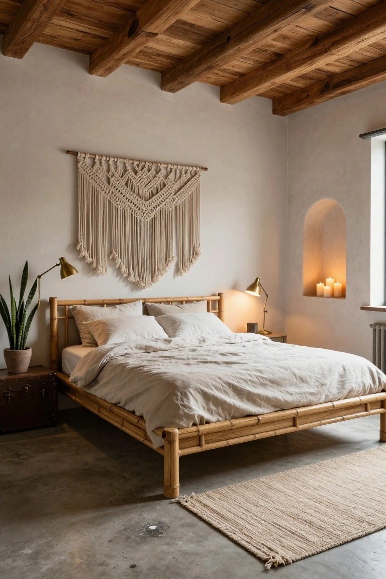 Bedroom with low bamboo bed frame, white linen bedding, macrame wall hanging, snake plant in terracotta pot, brass desk lamps, candles in arched niche, wooden beams overhead, and seagrass rug on concrete floor.