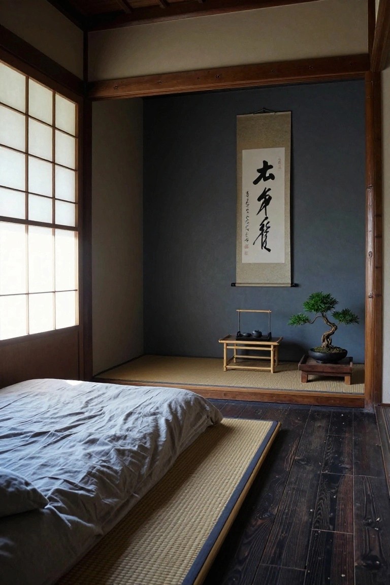 Japanese-style bedroom interior with low gray futon on tatami mats beside dark wood floor, bamboo tea stand with teapot, bonsai on square base, shoji window, and hanging black calligraphy scroll on dark blue wall.
