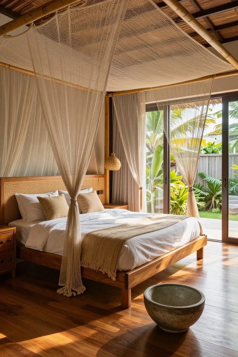Bedroom interior with a four-poster bed frame made of bamboo and rattan, draped in white sheer netting canopy, beside sliding glass doors overlooking tropical plants and garden, on wood plank flooring.