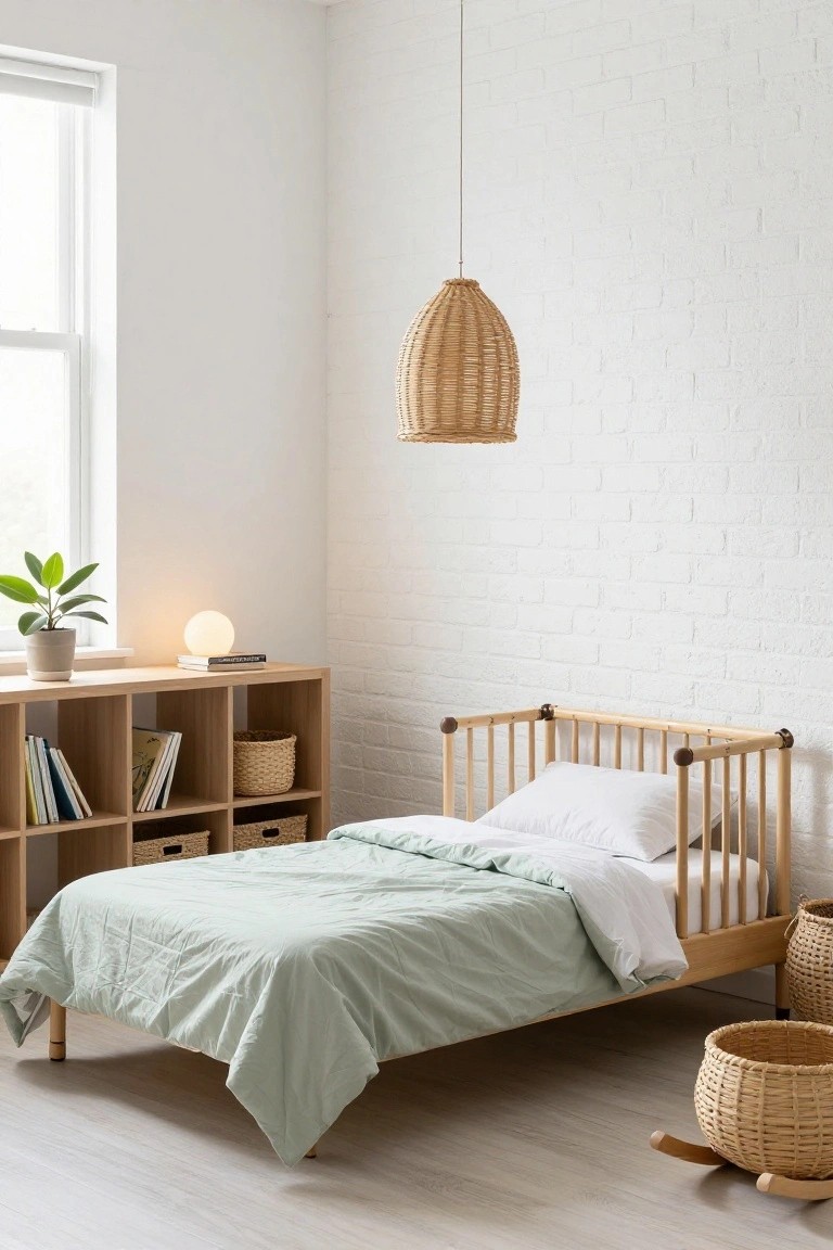 Minimalist nursery interior with low wooden slat crib on pale green bedding, wooden bookshelves stocked with books and baskets, potted plant near window, wicker pendant light, and wicker storage baskets on light wood floor against white brick wall.
