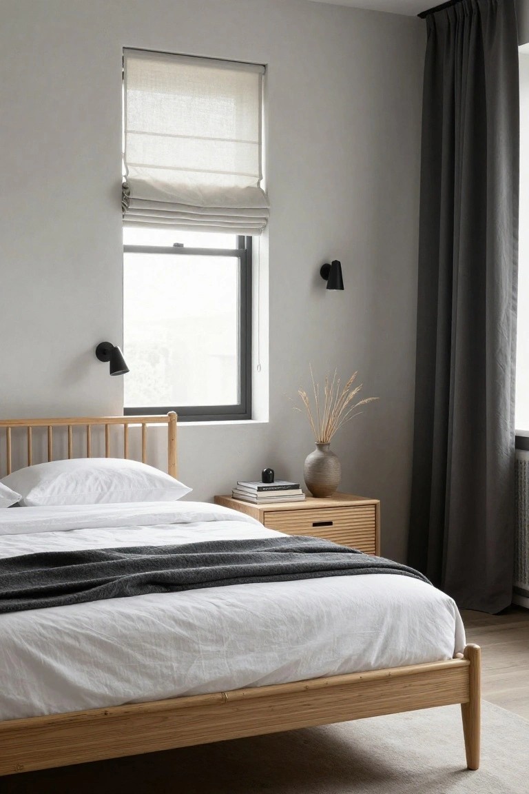 Light wood slatted bed frame with white bedding and gray throw in a gray-walled bedroom, next to wooden nightstand with books, vase of pampas grass, black wall lamps, linen blind on window, and dark gray curtains.