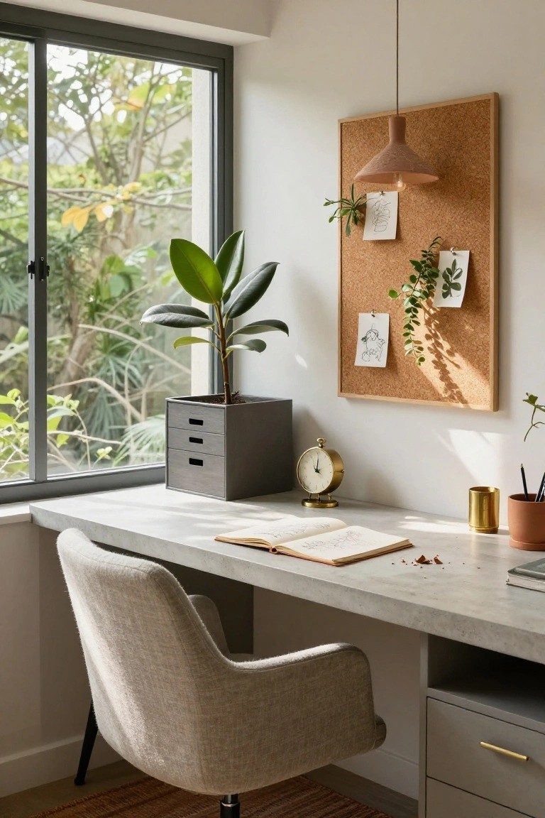 Modern home office corner with a gray concrete desk, beige upholstered chair, tall potted plant in a gray cubic pot, cork bulletin board on wall with pinned drawings and plant clippings, brass clock, and large window showing tropical greenery outside.