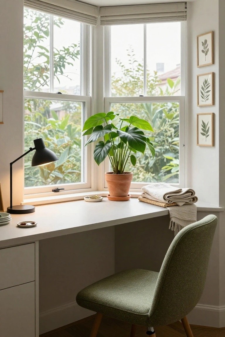 Bay window corner with a white desk, large green monstera plant in terracotta pot, black desk lamp, green upholstered chair, folded textiles, and framed botanical prints on the wall.