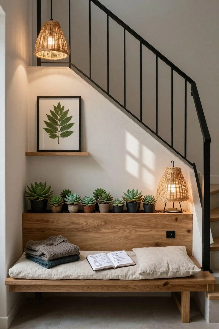Staircase with black metal railing, wooden built-in shelf holding potted succulents, wooden bench below with beige cushion, folded gray and blue blankets, open notebook, rattan pendant lights, and framed green leaf print on white wall.