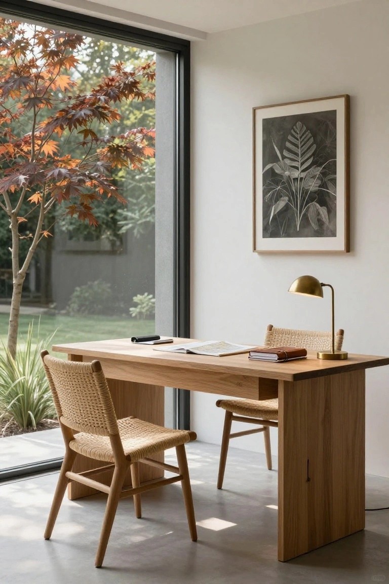 Home office with light oak desk, two rattan chairs, brass lamp, notebooks, and large black-framed window overlooking garden, red maple tree, and plants.