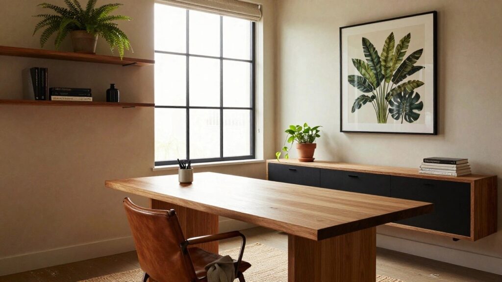 18 Organic Modern Office Decor Ideas That Blend Nature and Style Home office corner with a large live-edge wooden desk, brown leather swivel chair draped with a light throw, potted plants on floating wooden shelves framing a window with sheer blinds overlooking palm trees, books and mug on desk.