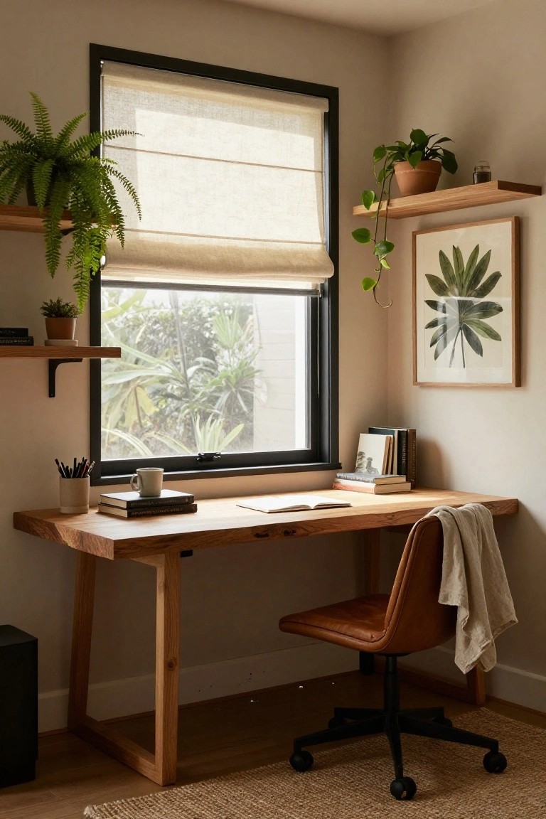 Home office corner with a large live-edge wooden desk, brown leather swivel chair draped with a light throw, potted plants on floating wooden shelves framing a window with sheer blinds overlooking palm trees, books and mug on desk.