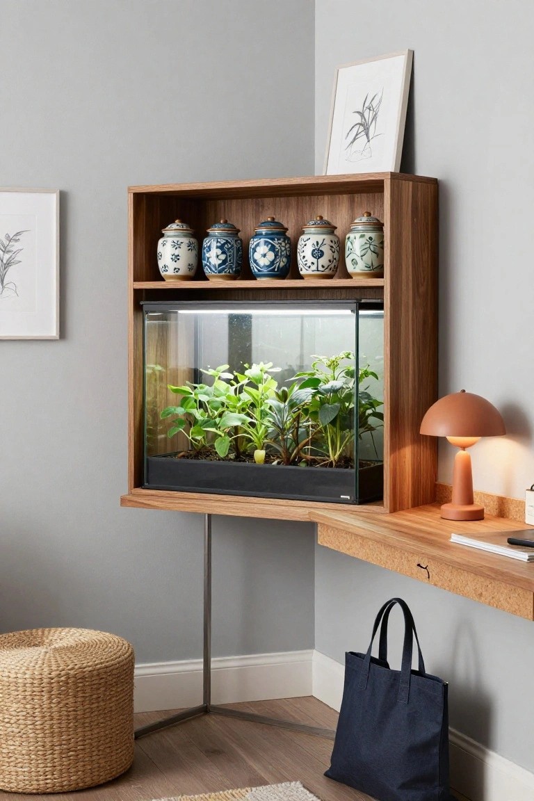 Wooden corner shelving unit in a light gray room displays blue and white ceramic jars above a glass vivarium with green plants, positioned next to a wooden desk, orange lamp, woven stool, and navy tote bag.