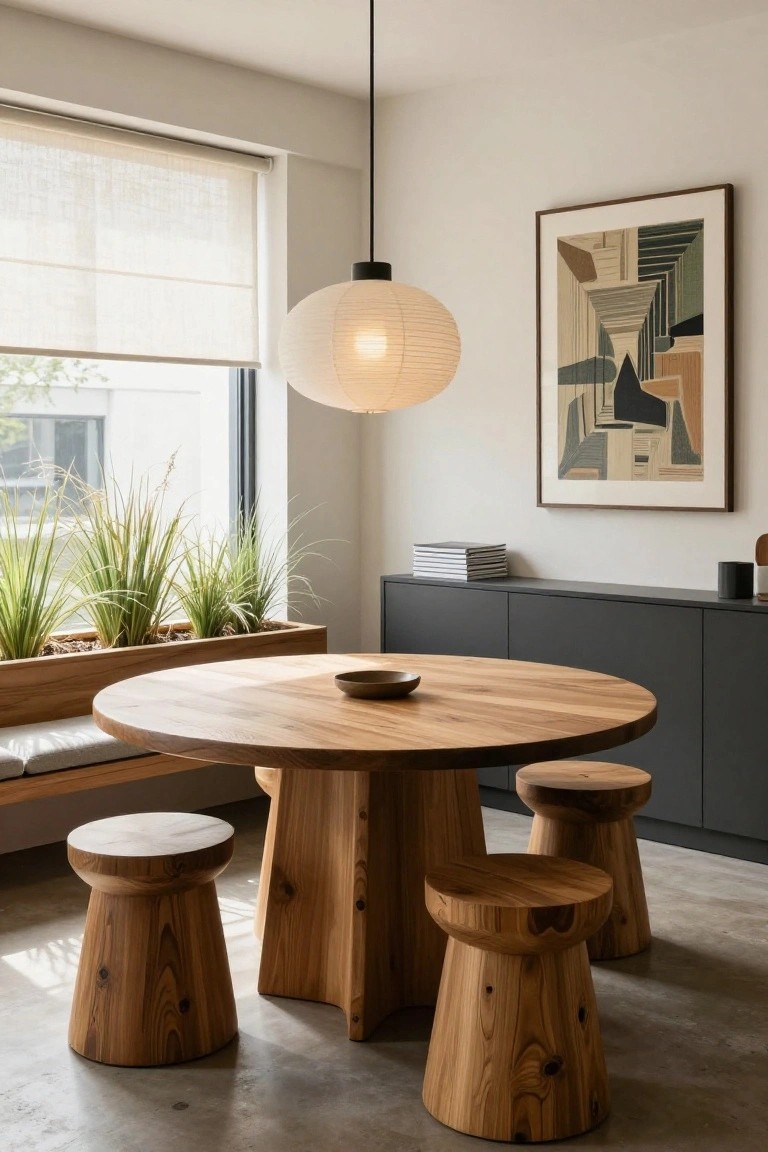 Round wooden dining table with three stools, paper pendant light, abstract wall art.