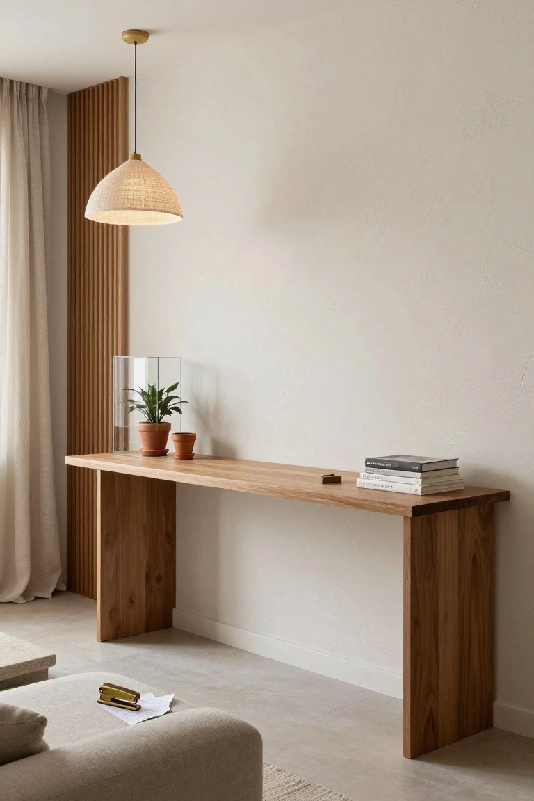 Narrow oak console table against a white wall with vertical wood slats, topped with two terracotta plant pots, a glass cloche with plant, books, and a small brass object, under a rattan pendant lamp, beside beige curtains and a beige sofa.