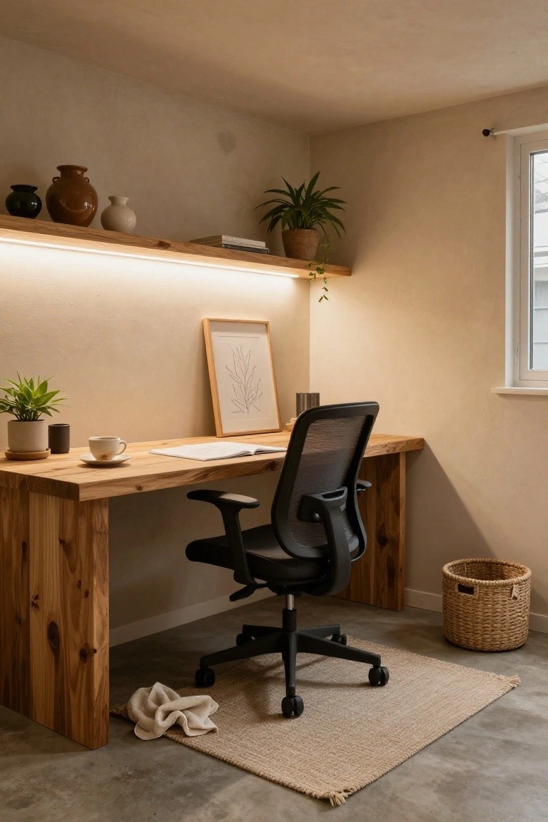 Home office corner with large rectangular wooden desk, black mesh office chair, potted plants on shelves and floor, ceramic vases, open notebook, coffee cup, and beige walls with window.