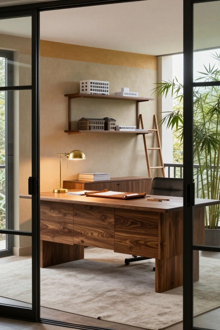 Modern home office interior with a large solid wood desk featuring multiple drawers, a brass banker's lamp, open shelves displaying architectural models and books, a wooden ladder shelf, leather office chair, and tall potted plants visible through black-framed sliding glass doors opening to a balcony.