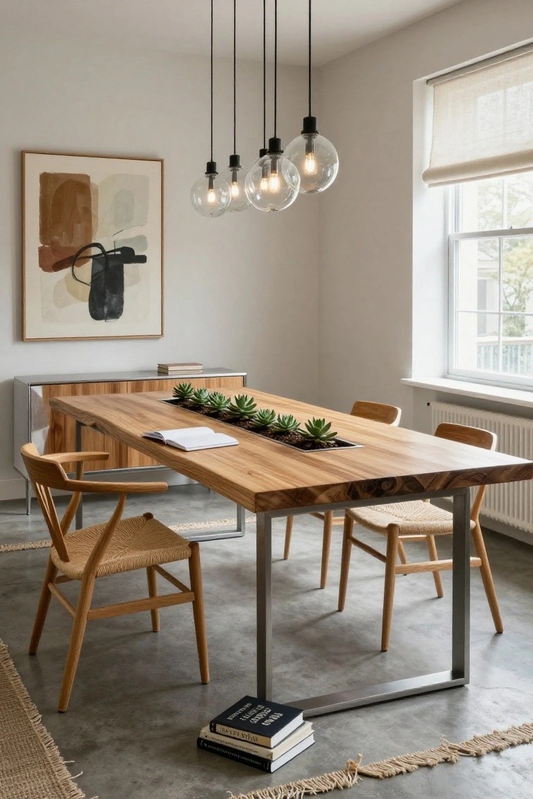 Light wood live-edge dining table with central linear trough planted with multiple succulents, surrounded by armchairs with cane seats, under black pendant globe lights, next to a sideboard and abstract wall art in a white room with concrete floor.