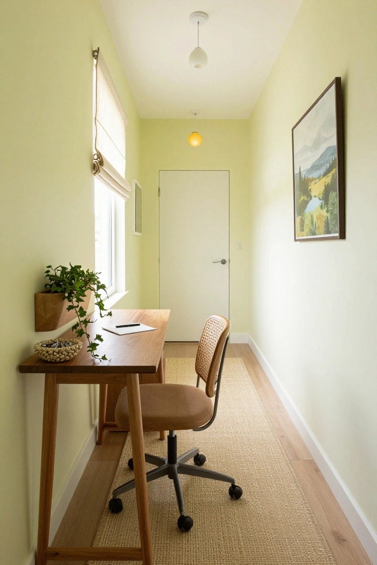 Narrow pale green hallway with wooden desk, rattan chair on wheels, wall-mounted ivy plant, white door, and landscape painting on the wall.