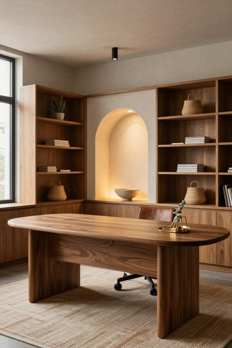 Home office with extensive wooden built-in shelving and cabinets surrounding an oval wooden desk, leather chair, beige rug, plants, books, and an illuminated arched niche in beige walls.