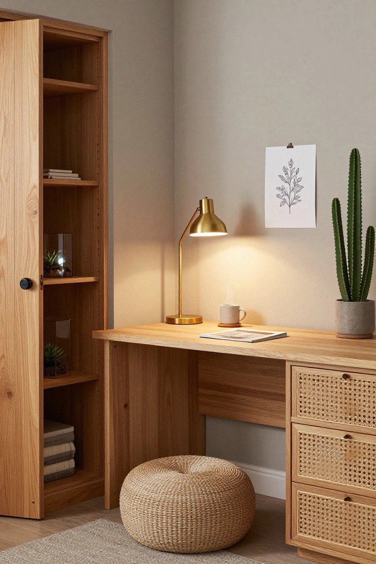 Corner home office with light wood desk, tall open oak bookshelf on left side holding books and plants, rattan-fronted drawers on right side, gold desk lamp, coffee mug, wall-hung cactus, and woven pouf stool.