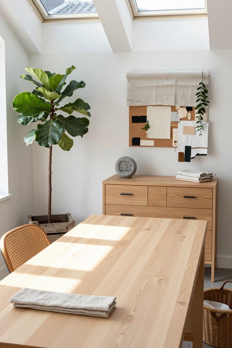 Bright home office corner with light oak desk and matching dresser, tall potted fiddle leaf fig in wooden crate, rattan chair, wall bulletin board with pinned fabrics and notes, linen napkin on desk, wicker basket on floor, skylights overhead.