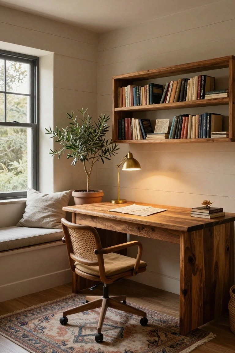 Home office corner with wooden desk, rattan-backed swivel chair, built-in wooden wall shelves holding books, brass desk lamp, potted olive tree, and window seat beside a large window in a beige room with shiplap walls.