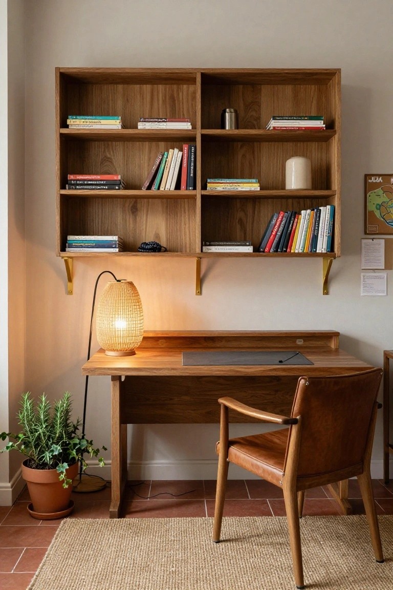 Wooden wall-mounted open shelves with books, candle, and decor above a wooden desk with gray mouse pad, rattan lamp, leather chair, potted rosemary plant, and jute rug on terracotta tile floor in a light room.