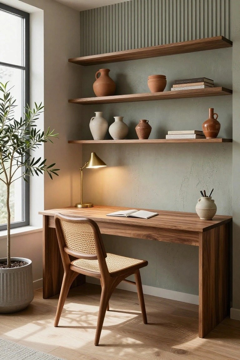Home office corner with floating wooden shelves holding various ceramic pots and vases, a wooden desk with open notebook and rattan chair, brass desk lamp, potted olive tree, and large window against sage green textured wall.