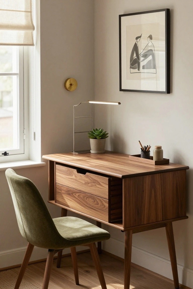 Minimalist walnut desk with green chair, desk lamp, and framed wall art.