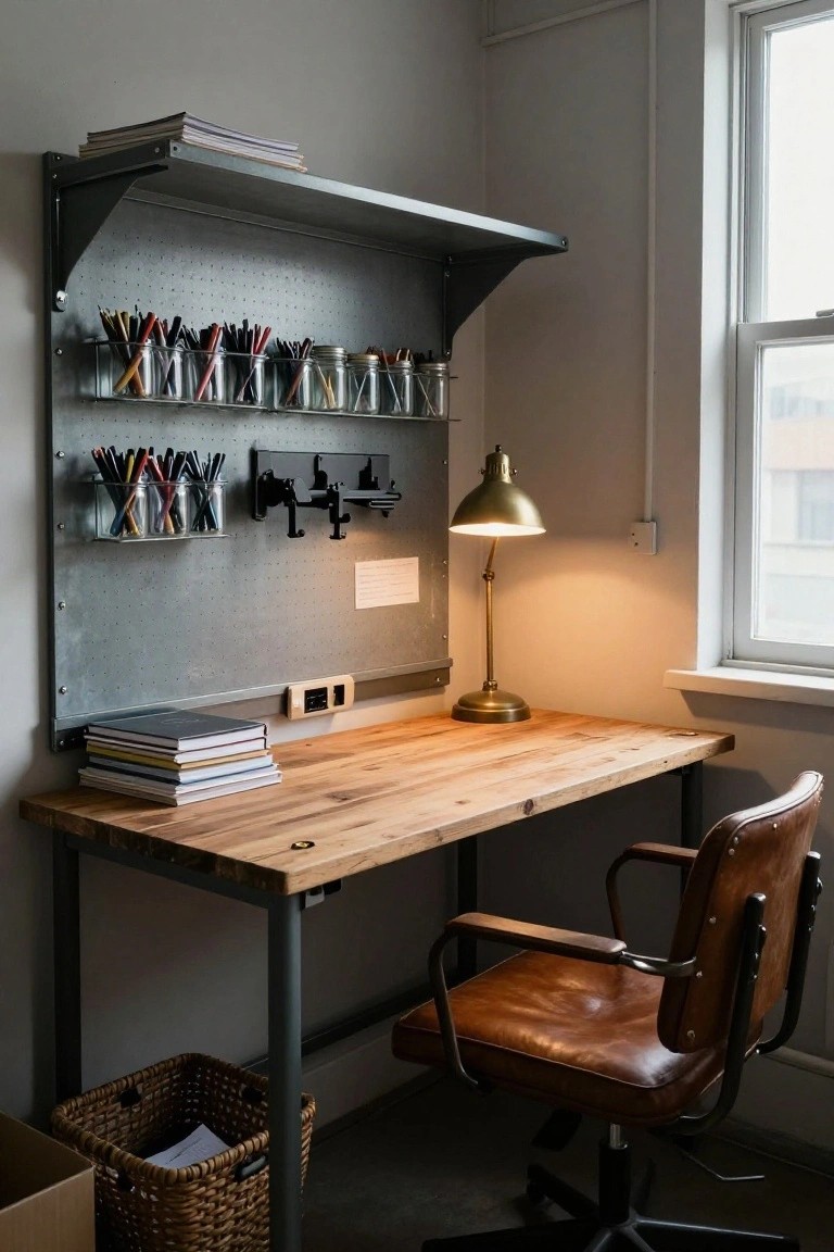 A wooden corner desk against a gray pegboard wall with metal shelves holding jars of pens and markers, a lit brass desk lamp, and a brown leather office chair.
