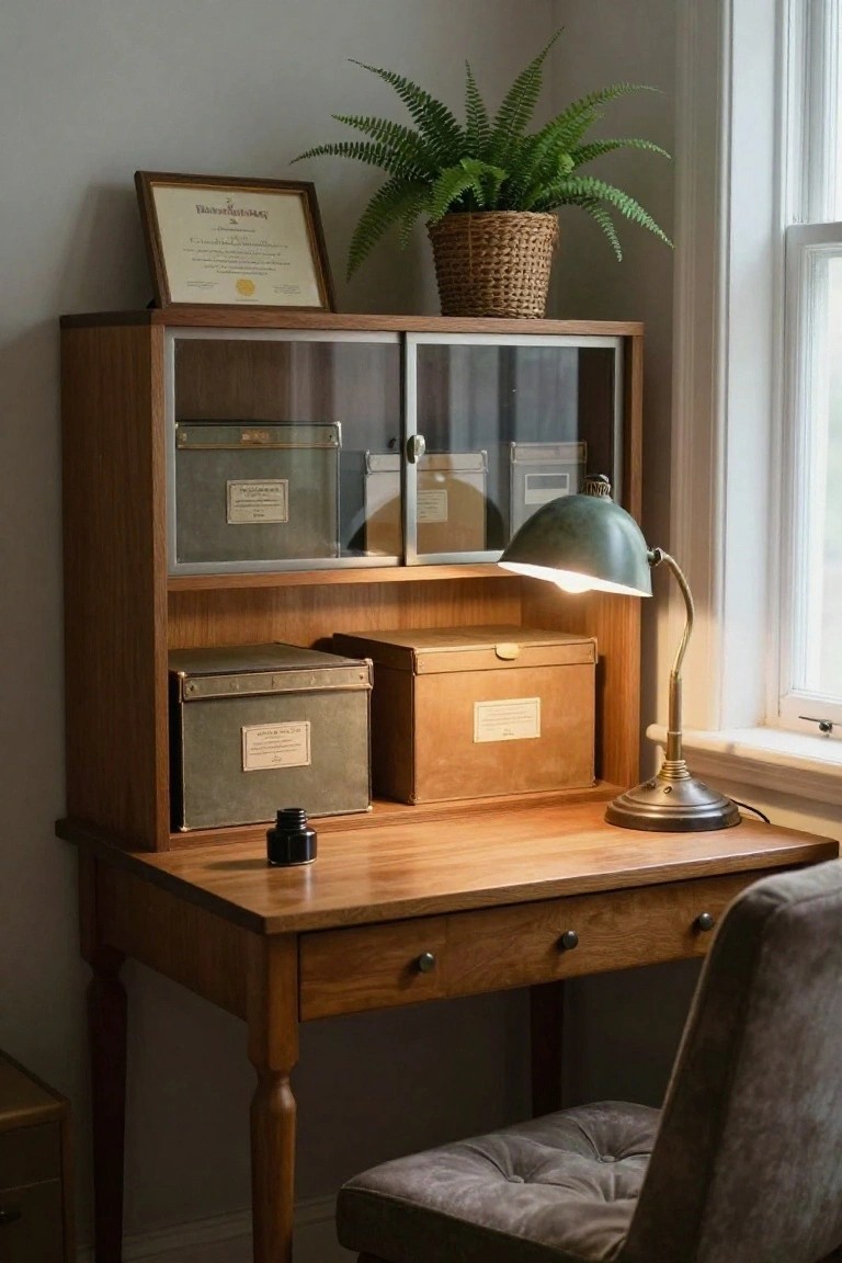 A wooden desk with a glass door hutch above it containing several metal storage boxes, a lit desk lamp on the right, and a potted fern on top.