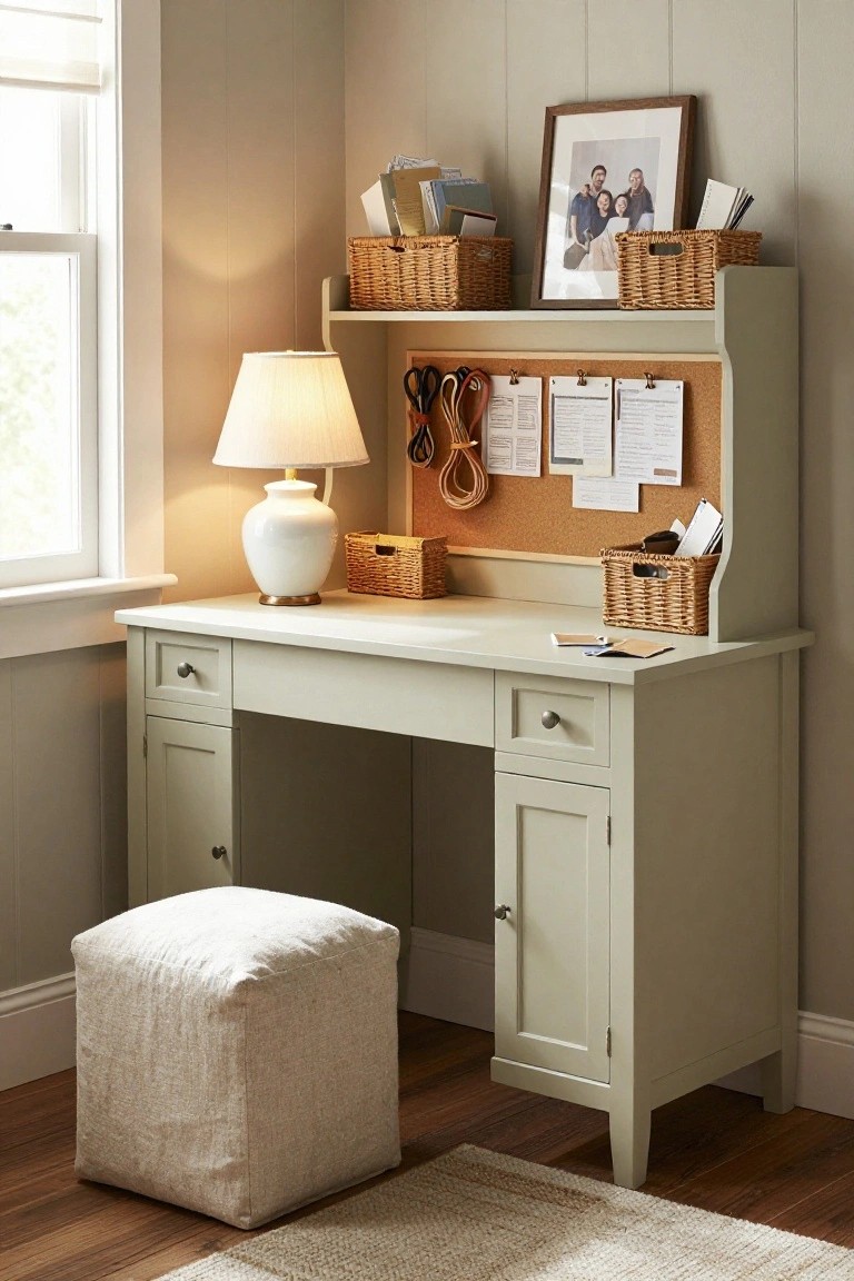 A sage green corner desk with hutch, corkboard, woven baskets, lamp, and fabric stool in a neutral room.