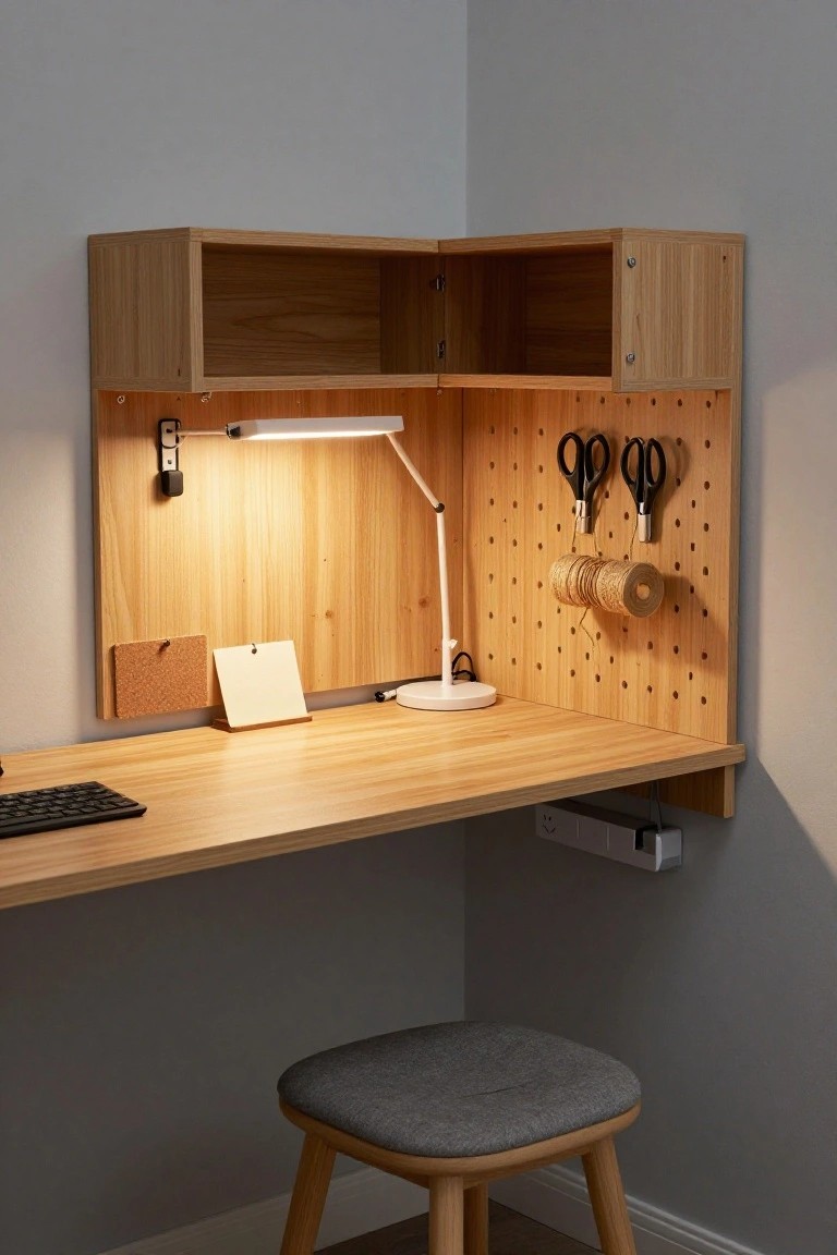 A wooden corner desk setup with overhead cabinets, a pegboard holding scissors and twine on the right wall, a white desk lamp, and a gray upholstered stool.