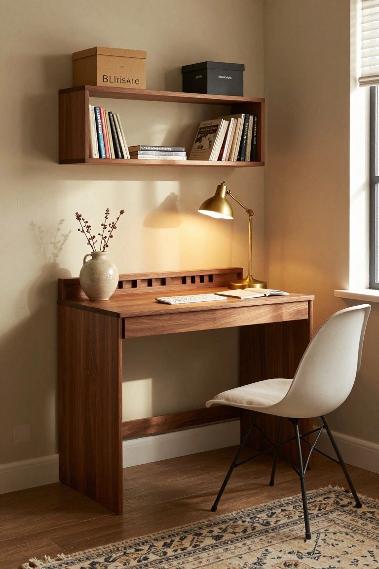 Wooden desk with floating shelf, brass lamp, white chair, and books.
