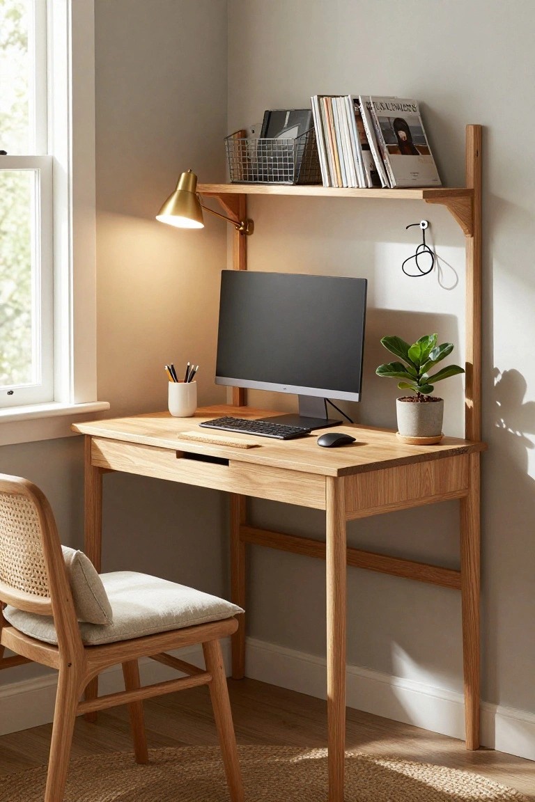 A light wood corner desk with a computer monitor, keyboard, and mouse sits beneath a wall-mounted wooden shelf holding books and a wire basket, next to a window with a wooden chair in front.