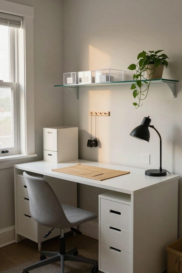 Minimalist white desk with gray chair, black lamp, and floating shelves.