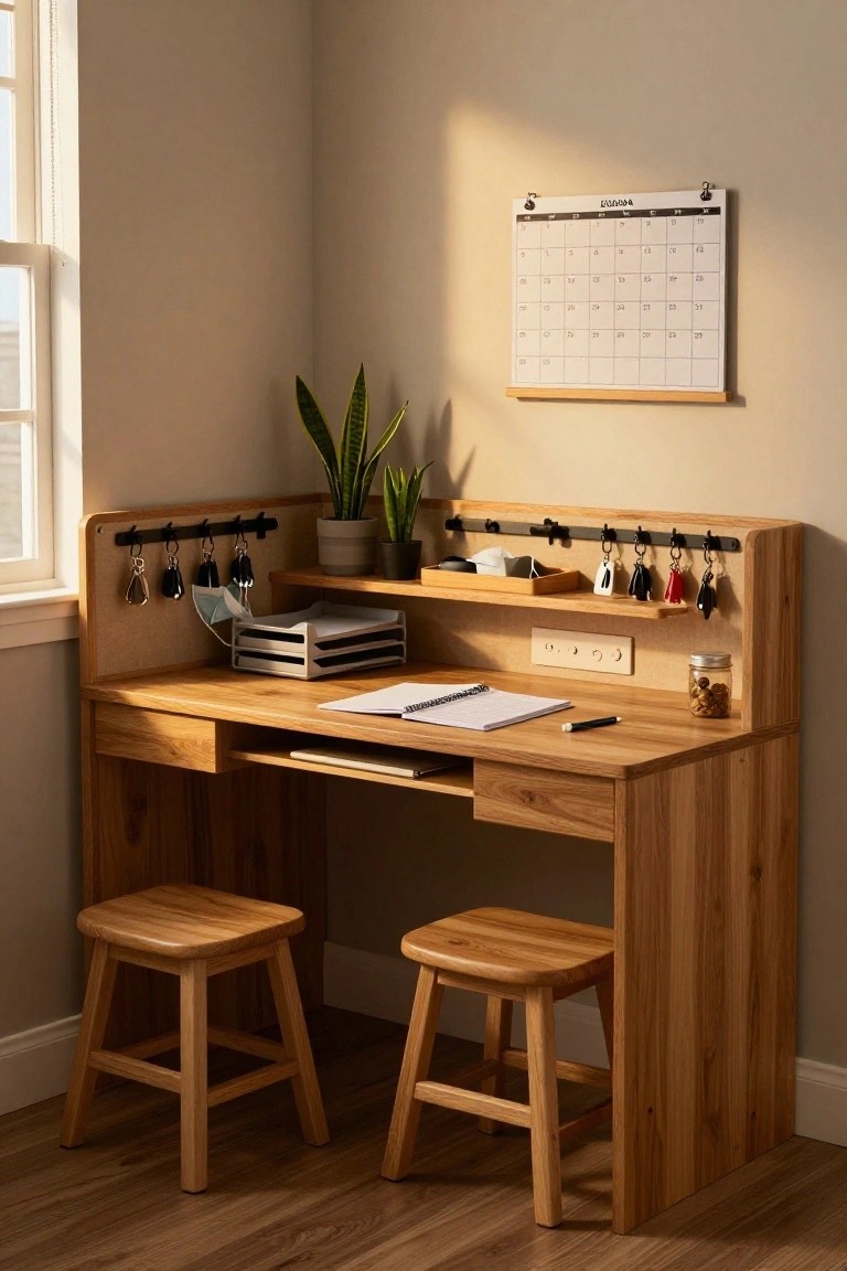 A wooden corner desk unit in a room with two matching stools, a back panel fitted with hooks holding keys, small shelves with organizers, a wall calendar above, and natural light from a nearby window.