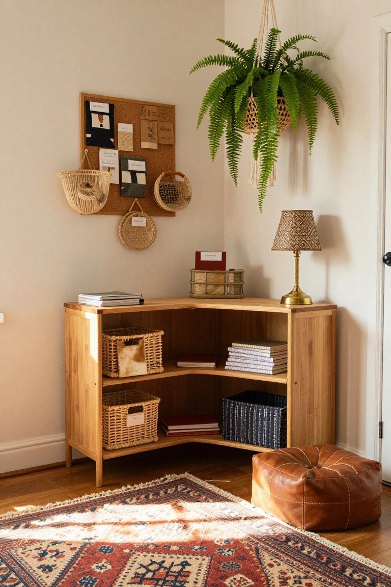 Cozy wooden corner shelf with books, baskets, leather pouf, and hanging fern.
