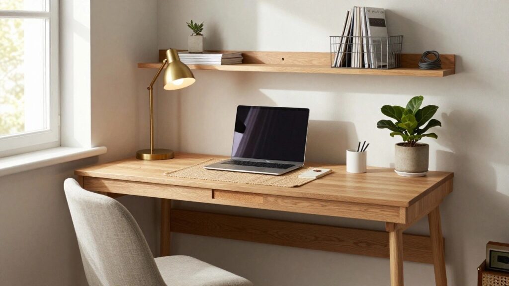 18 Practical Corner Desk Organization Ideas for Everyday Efficiency A light wood corner desk with a computer monitor, keyboard, and mouse sits beneath a wall-mounted wooden shelf holding books and a wire basket, next to a window with a wooden chair in front.