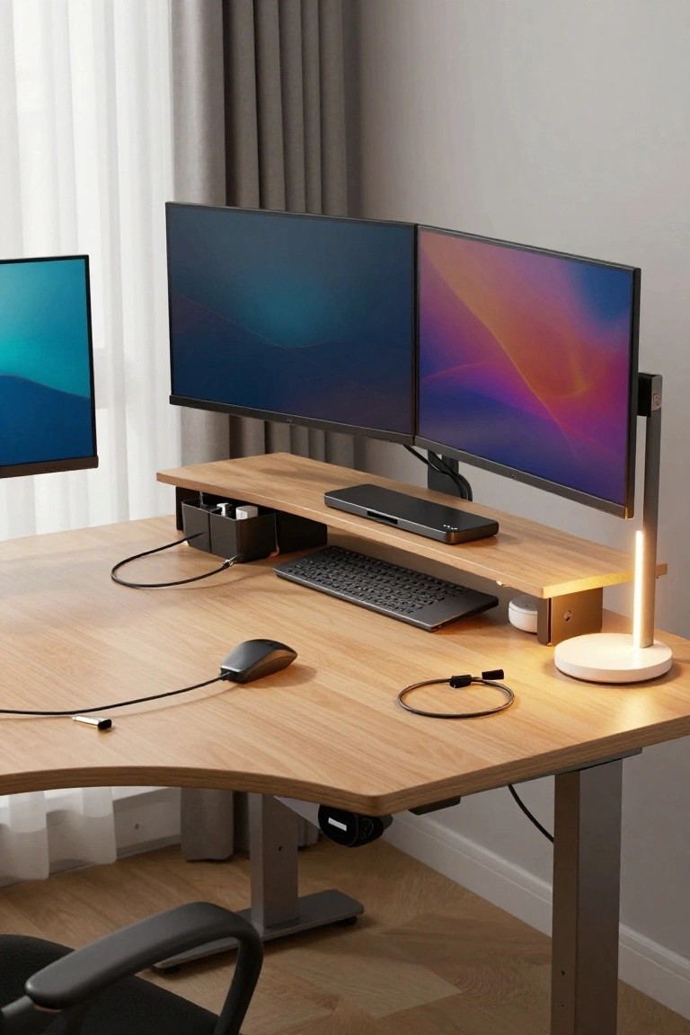 Modern wooden desk with dual monitors, keyboard, mouse, and desk lamp.