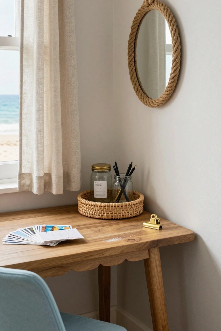 Wooden desk with woven basket, mirror, and ocean view by window.