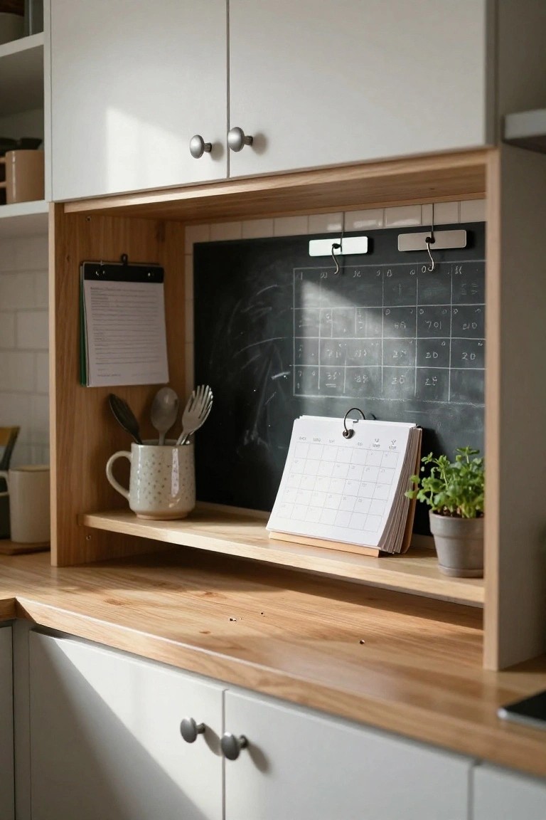 A kitchen corner featuring a wooden shelf with a desk calendar, a chalkboard wall section with a monthly grid, and a clipboard holding papers on the left side.