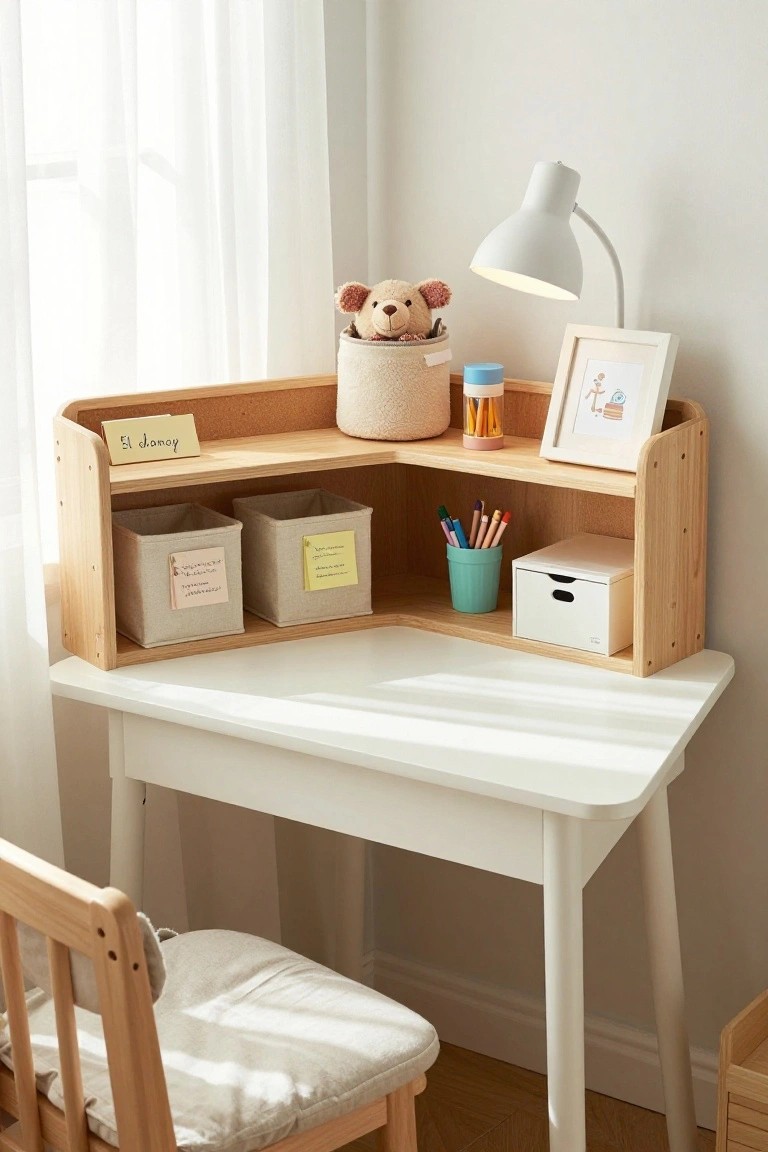 A white corner desk with wooden upper shelves holding several labeled fabric storage bins, a teddy bear in a round basket, colored pencils in cups, and a small lamp.