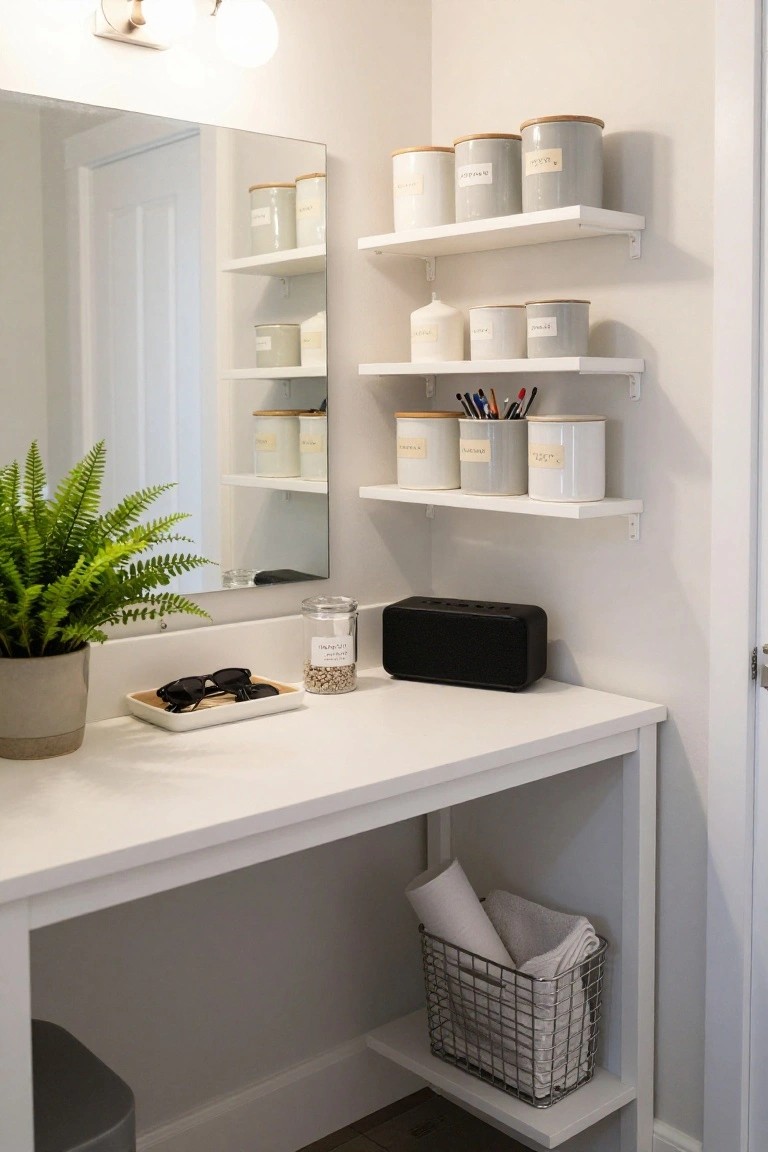White desk with shelves, jars, mirror, fern, and wire basket.