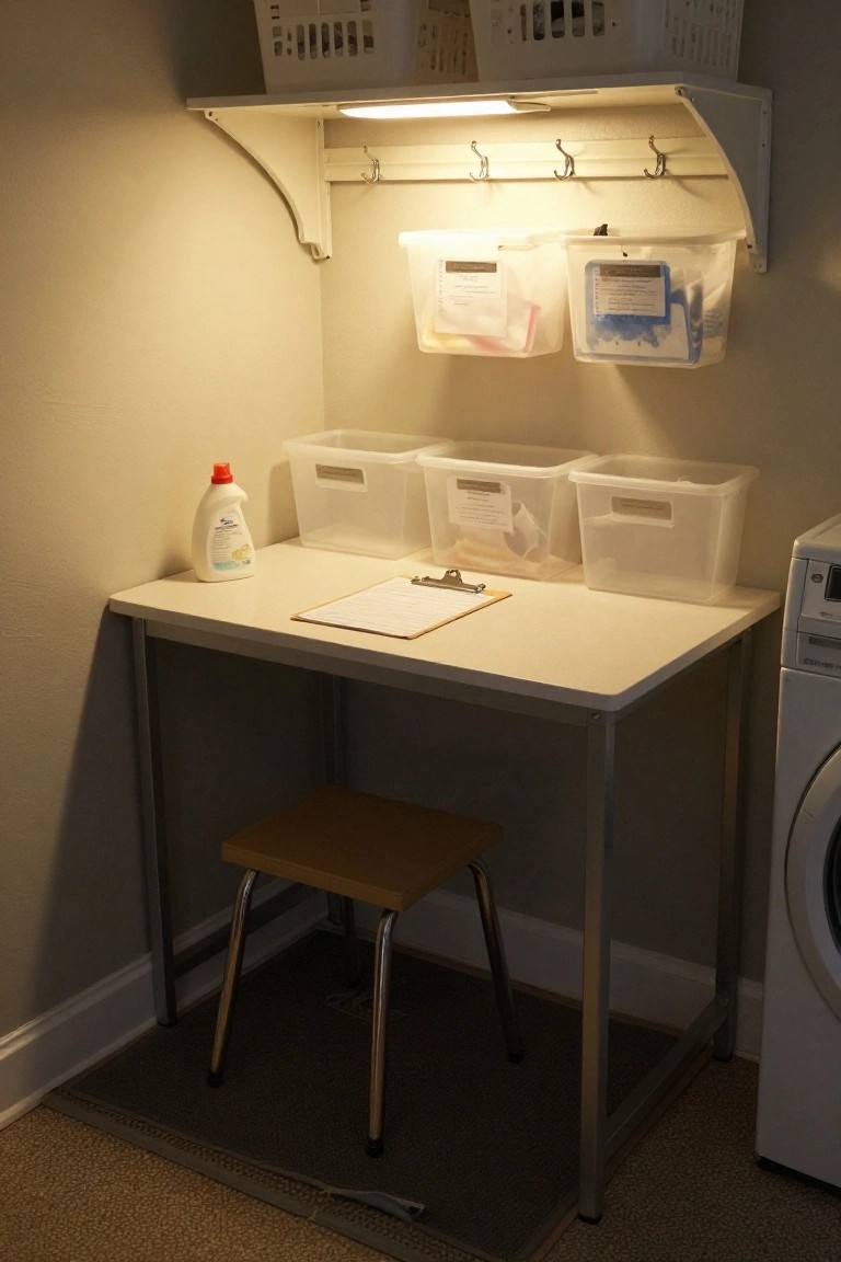 Laundry room station with desk, stool, bins, and hanging organizers.