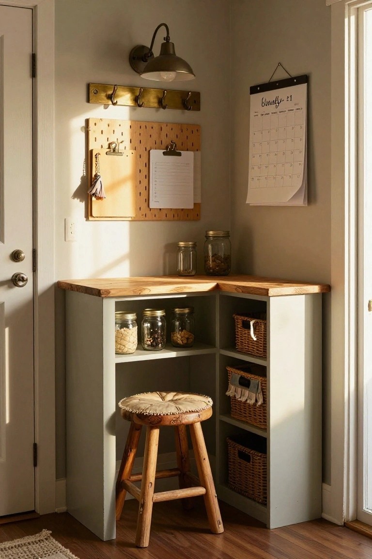 A corner desk with a wooden top and light green base, open shelves holding glass jars and woven baskets, a wooden stool in front, and a pegboard on the wall above.